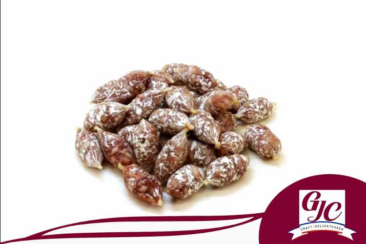 Dry sausage in the shape of olives
